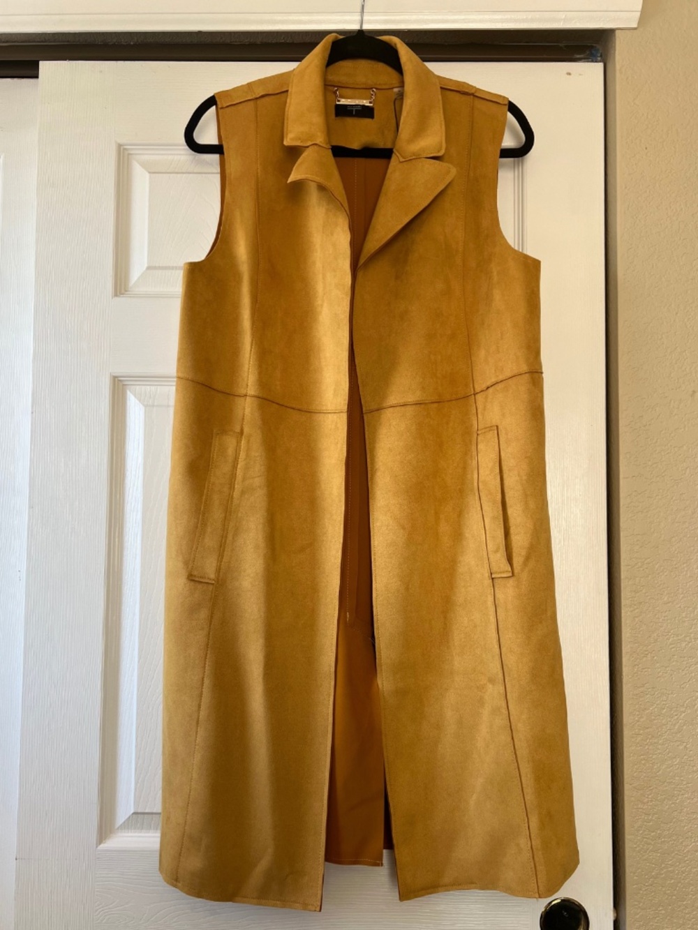 NWT Tahari Faux Suede Long Open Front Duster Vest Mustard Yellow Size M